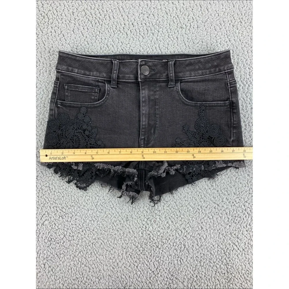 American Eagle Hi-Rise Shortie Black Lace Applique Denim Shorts Stretch   Size 8